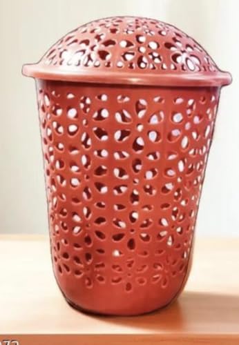 Image of Plastic Laundry Basket with Lid, Terracotta, Cutwork Design, Round