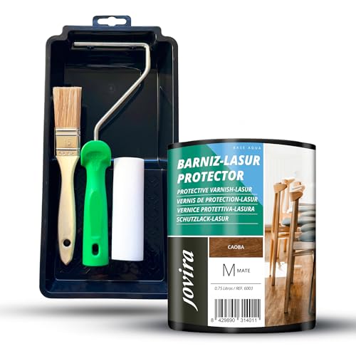 JOVIRA PINTURAS BARNIZ-LASUR Protector MATE al Agua y Kit con Minicubeta, Rodillo de Espuma, Varilla y Paletina. (750 Mililitros, Caoba + Kit Barniz-Lasur) F-2-K