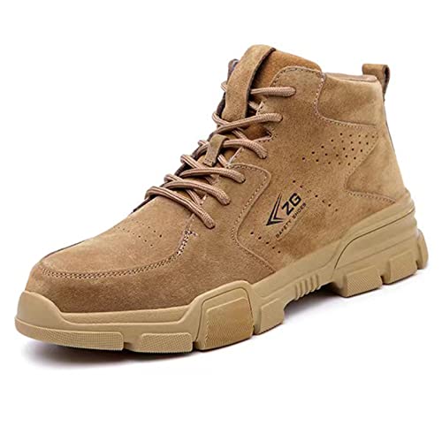 Micoklinlin Mens Steel Toe Shoes Breathable Pigskin Welding Shoes Waterproof Lightweight Safety Shoes for Work Retro Casual Puncture Proof Work Boots Khaki