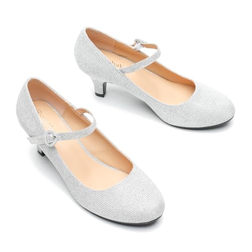 Image of Women's Vintage Mary Jane Shoes Dress Comfortable Low Kitten Heels Ankle Strap Closed Round Toe Office Work Wedding Pumps