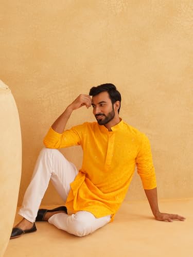 Image of SOJANYA (Since 1958 Men's Cotton Embroidered Sequinned Kurta with white Churidaar Pyjama