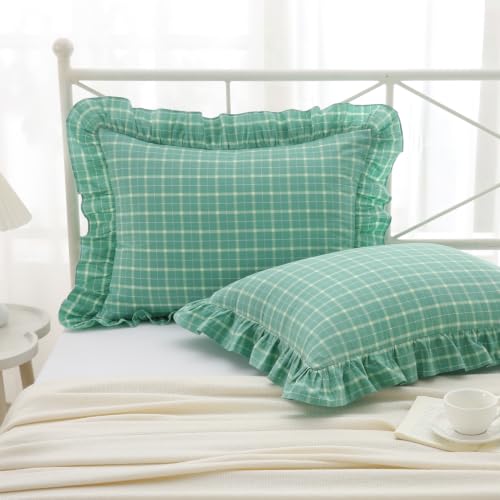 Mywinlle Mint Green Plaid Ruffle Pillow Shams Standard Size Set of 2