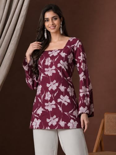 Image of Rayon Floral Print Short Kurti for Women | Square Neck Long Sleeve Top for Women | Criss Cross Back Desing Kurti | Soft Breathable Fabric | Relaxed Fit | Casual and Office Wear