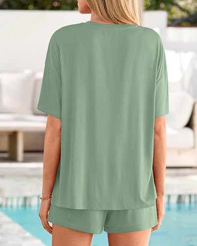 BTFBM 2 Piece Lounge Sets For Women 2026 Summer Airport Travel Vacation Outfits Loose Matching Clothing Spring Short Set(Grey Green, XX-Large) — view 3