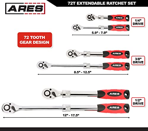 Image of ARES 42055-3-Piece 72-Tooth Extendable Ratchet Set - Chrome Vanadium Steel - Mirror Polish Chrome Finish - Comfort Grip Injection Handle - Quick Release Socket Change - 72-Tooth Reversible Design