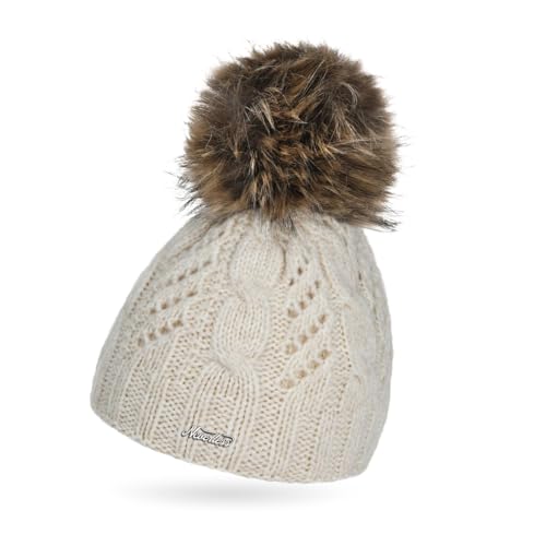 Neverless® Damen Strick-Mütze Fell-Bommel Herbst Wintermütze Kunstfell Bommelmütze Zopfstrickmuster Creme Unisize