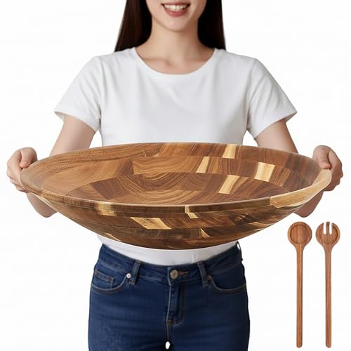 Geiserailie Extra Large 18 Inch Acacia Wood Salad Bowl Set Wooden Serving with Serving Utensils Oversized All Purpose Bowl for Fruits Salad Kitchen for Housewarming Wedding Table Display Gift