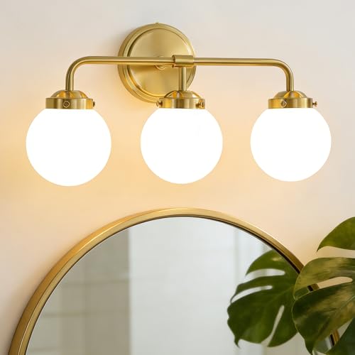 Image of Bathroom Light Fixtures 18.26in 3Light Brushed Gold Vanity Light for Mirror | Bathroom Lighting Fixtures over Mirror, ETL, Brushed Brass Wall Sconce, Dimmable E12 Base Max 60W, Milky Glass Ball Shades