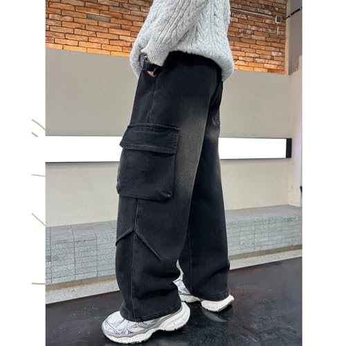 Boys Baggy Cargo Jeans Elastic Waist Stretchy Wide Leg Vintage Demin Pants Teens Flap Pockets Pants Y2K Streetwear4