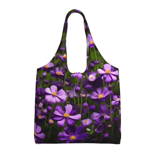 Sac fourre-tout en toile fleurs violettes noir 36x32 cm pour femme