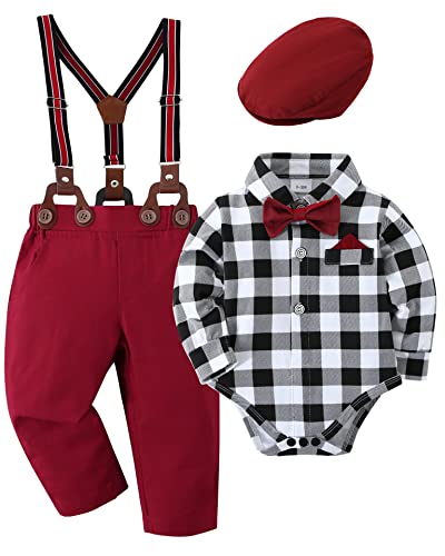 Image of YALLET Baby Boy Clothes Set Infant Tuxedo Long Sleeve Gentleman Suit Outfits + Beret Hat + Suspender Pants + Bowtie 0-18M