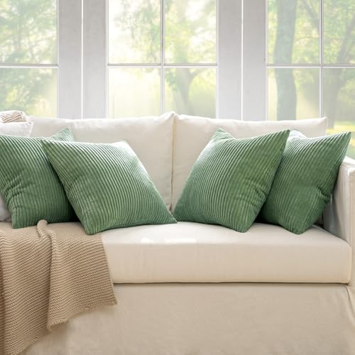 Image of MIULEE Boho Farmhouse Throw Pillow Covers 18x18 Inch Set of 4 Mordern Nordic Cushion Covers Soft Corduroy Spring Home Decor for Couch Bed Sofa Living Room Sage Green