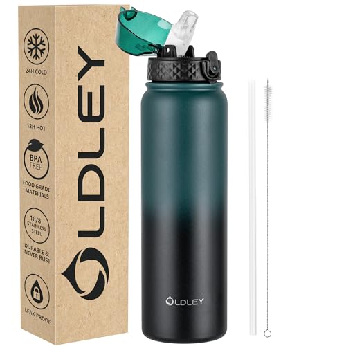 OLDLEY 1L Botella Agua Acero Inoxidable con Pajita, Aislado al Vacío Botellas Agua Metal Prueba de Fugas, Mantiene las Bebidas Calientes y Frías para Bicicleta, Camping, Deportes, Mujeres, Hombres