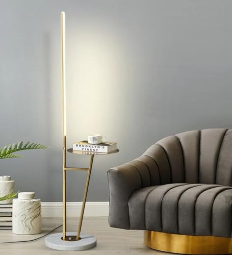 Image of Linear LED Floor Lamp with Shelf for Living Room | Gold Metal Standing Lamp with Vertical Light Bar | Modern Floor Lamp for Bedroom, Corner, Reading & Home Decor