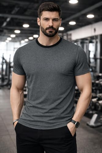 Image of Men's Solid Gym T-Shirt | Slim Fit Gym & Training Tee | Breathable Stretch Fabric | Round Neck Sports Wear for Workout