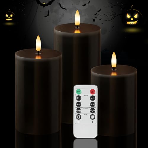 Image of Black Flameless Candles, Halloween Candles with Remote, Battery Operated Gothic LED Candles, Real Wax Flickering Flameless Pillar Candles for Home, Party, Halloween, 3 Pack