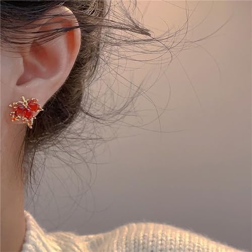 Maple Leaf Earrings for Women Elegant Handmade Fall Hot Red Orange Plant Leaves Earrings Sparkly Crystal CZ Studs Earrings for Autumn Thanksgiving Day Party Holiday Trendy Jewelry2