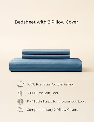 Image of Symbol Premium 100% Pure Cotton Soft Bedsheet for Double Bed - King Size (108x108 inches) with 2 Pillow Covers (27x17 inches) | 300 Threadcount
