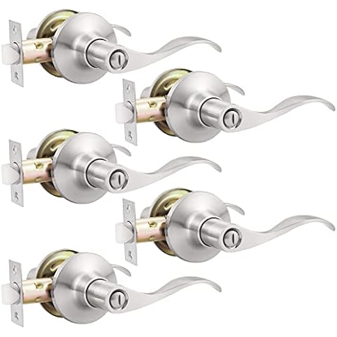 GOBEKOR 5 Pack Brushed Nickel Door Handle Interior Door Levers Privacy for Bedroom Bathroom Door Lock Keyless Wave Lever Door Handles Cover