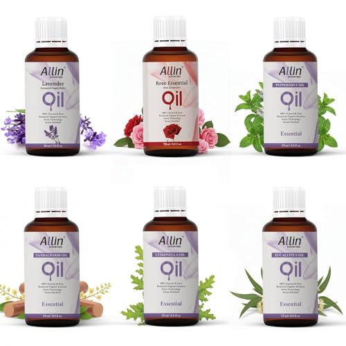 Image of Allin Exporters 6 in 1 Aroma Oil Combo Pack- Lavender, Rose, Citronella, Eucalyptus, Peppermint, Sandalwood (6 x 15ml) Pure Essential Oils for Aromatherapy, Home Fragrance, Diffusers & Candles