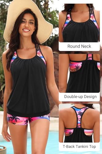 Image of Yonique Two Piece Tankini Bathing Suits T-Back Blouson Swim Tops with Boy Shorts Women Swimsuits Sporty Swimwear