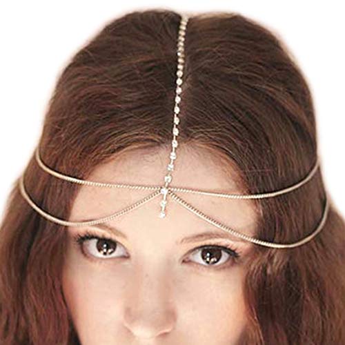 Fashband Rhianestone Head Chain Boho Diadema Diadema de novia Diadema de fantasía inspirada en la vendimia, Tiara de fantasía para el pelo, accesorio de moda para mujeres y niñas (dorado) Cover