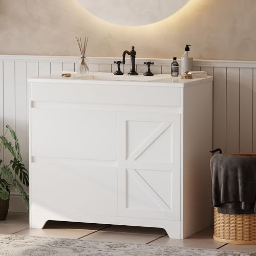 HOPUBUY 37 Bathroom Vanity with Ceramic Sink Farmhouse Bathroom Vanities