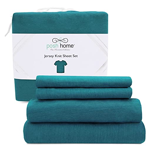 Posh Home Jersey Knit Bed Sheet Set - 4 Piece - Organic Cotton Blend - Ultra Soft T-Shirt Material - Deep Pockets and Easy Fit - Lightweight and Breathable - Queen - Teal