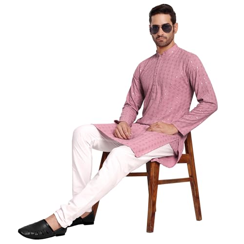 Image of Rayon Ethnic Wear Full Chikankari Sequin Embroidery Mirror Work Traditional Straight Kurta Pyjama Set for Men