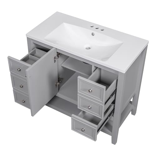 Image of Favfurish 36 inch Bathroom Vanity with Ceramic Sink,Undermount Single Basin Bath Vanity Set w /Soft-Close Door and 3 Drawers,Modern Freestanding Storage Cabinet w /Open Shelf,Solid Wood Frame,Grey