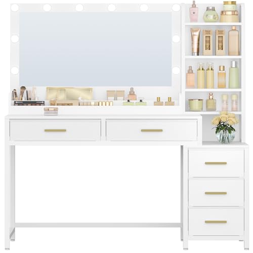 HEXCELEN 130 cm Tocador de Maquillaje con Luz LED, 3 Colores, Brillo Ajustable, Tocador con Grote Espejo, Mesa de Maquillaje con 5 cajones y 5 Compartimentos Abiertos, Blanco