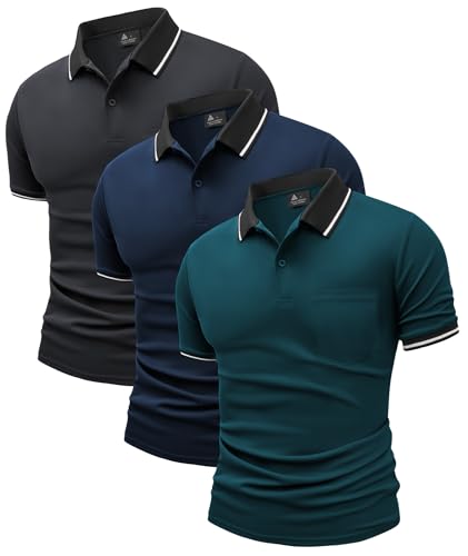 JACKETOWN Lot de 3 Polo pour Homme Polo de Golf Manches Courtes Léger T Shirt Travail avec Boutons Printemps été Chemise Respirant