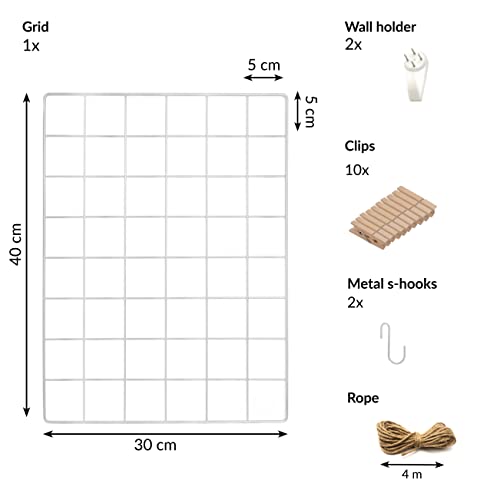 1er-Pack Wandgitter | Deko für Heim, Büro, Küche zum Aufhängen | Mesh-Stauraum-Organizer & Bilderrahmen | Gitter Pinnwand | Memo- & Fotowand | Wand-Display | Metall & Weiß