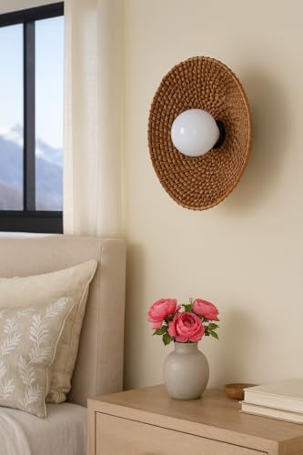 Image of AKWAY Rattan wall Lamps for Living Room | Bamboo wall Lights for Bedroom | Cane wall scones for Home Decoration (Cane Small Saucer - Brown)
