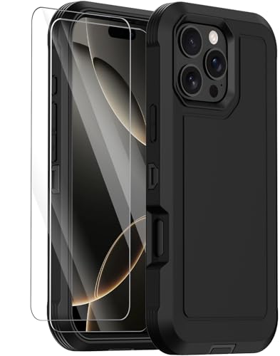 Annymall for iPhone 16 Pro Case with 2 Screen Protector,Shockproof Drop Protection Dust Proof Heavy Duty Military Grade Multi-Layer Rugged Protective Phone Case Cover for Appple iPhone 16 Pro (Black)