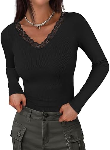 ANRABESS Long Sleeve Shirts for Women Lace V Neck Rib Knit Slim F...