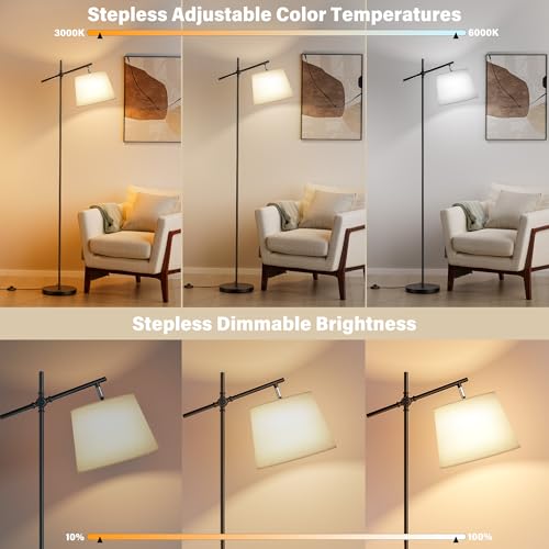 Image of SIBRILLE Floor Lamp with Linen Shade, Dimmable Tall Standing Lamp with Remote Control & 3 Color Temperatures Bulb, Modern Swing Arm Floor Lamps for Living Room Bedroom Office Corner