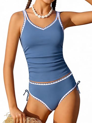 Girls Swimsuit Contrast Trim Tankini Sets Solid Color 2 Piece Bathing Suit Padded Swimsuits for Teens 9-16Y Grey Blue