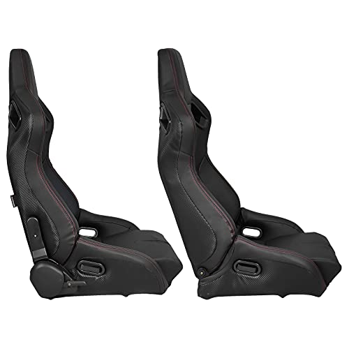 IKON MOTORSPORTS, Universal Racing Seats Pair with Dual Sliders, Black with Red Stitch PU & Carbon Leather Reclinable Left Right