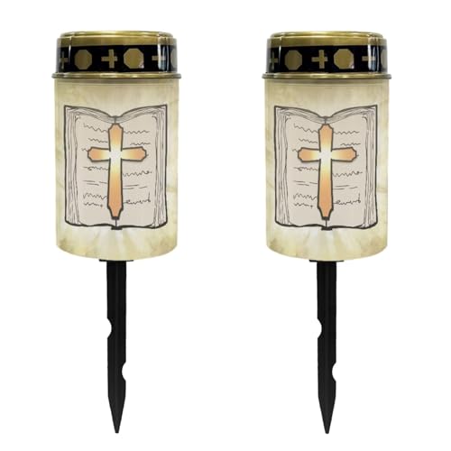 Image of Cross and Bible Light for Prayer Cemetery Solar Lights for Grave Cemetery Decor Flameless Candle Lamp Solar Power Outdoor Garden Waterproof Eternal Light 2 Pcs