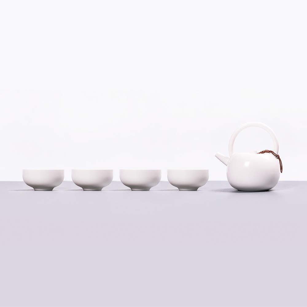 Newchinaroad Dehua Ware White Lifting Handle Teaset - 100% handmade Chinese Kungfu tea set - Porcelain teapot & teacups (5pcs)