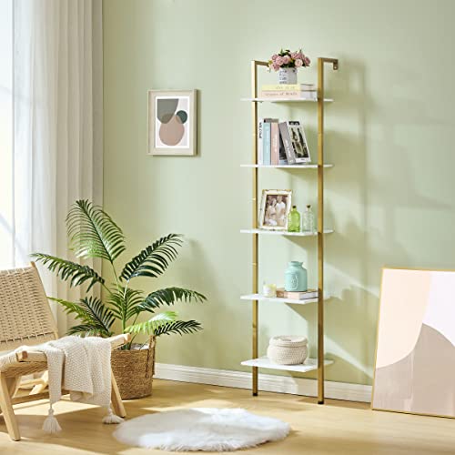 Tajsoon Industrial Bookcase, Ladder Shelf, 5-Tier Wood Wall Mounted Bookshelf With Stable Metal Frame, Open Display Rack, Storage Shelves For Bedroom, Home Office, Collection, Plant Flower, White Gold #TOP4