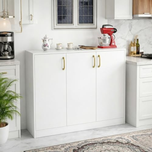 Image of Spyder Craft Modern Engineered Wood Sideboard & Crockery Cabinet - 3-Door Storage Organizer with Gold-Finish Handles and Geometric Pattern for Living Room, Kitchen, and Office (White)