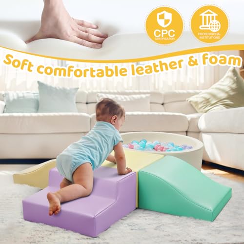 Image of Hoohtoot Foam Climbing Blocks for Toddler: with 4-Piece PU Leather Climbing Toys and a Ball Pit - Foam Ball Pit for Toddlers - Climbing Toys Indoor for Kids Crawling (Yellow Climbing Blocks)