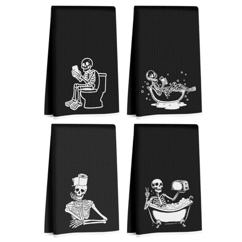 4 Pcs Funny Skeleton Hand Towel for Bathroom 14x24 Inch Skull Halloween Kitchen Towels Waffle Weave Hand Cloth Tea Towel Goth Skeleton Bathroom Decor Halloween Birthday Gifts
