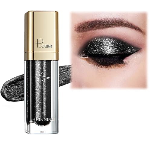 Metallic Liquid Glitter Eyeshadow - Long Lasting Waterproof Matte Shimmer - Highly Pigmented Sparkly Eye Shadow - Easy to Blend - with Eyeliner Pen - Glittery Black Glam(12#)