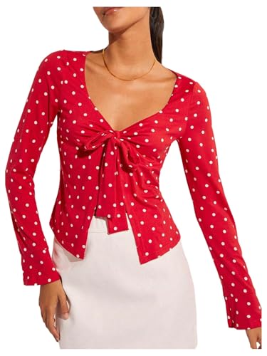 MakeMeChic Women's Polka Dots Sweetheart Tee Tops Knot Front Long Sleeve T Shirt Red and White Medium