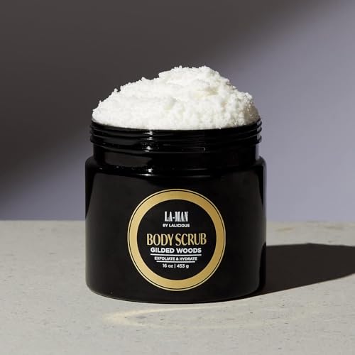Image of LALICIOUS Gilded Woods LA-MAN Body Scrub | Exfoliating Sugar Scrub for Men | Body Exfoliator for Dead Skin & Optimal Hydration | Pure Cane Sugar + Coconut Oil | Large 16oz