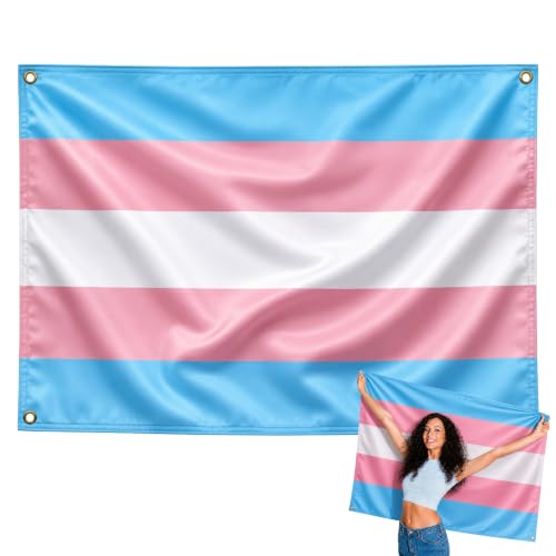 Bandera Transgénero 90x150cm, Bandera Trans con 4 Ojales de Latón, Bandera de LGBT, Bandera del orgullo para exterior, Material Poliéster, Impresión ambas caras