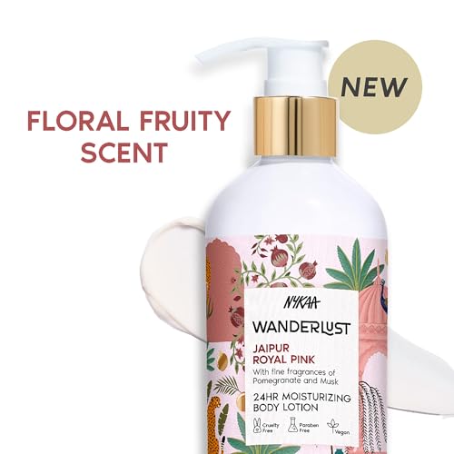 Image of Nykaa Wanderlust Jaipur Royal Pink Moisturising Body Lotion, 300 ml | Tuberose and Red fruits Perfume | Lightweight, Long-Lasting Hydration | Vegan, Paraben-Free I | Suitable for All Skin Types | 300 ml, Lightweight, Long-Lasting Hydration, Vegan, Paraben-Free